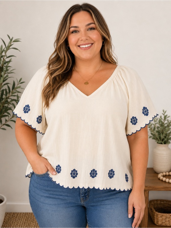 Old Navy Tops - Old Navy Cream Peasant Blouse with Navy Embroidery